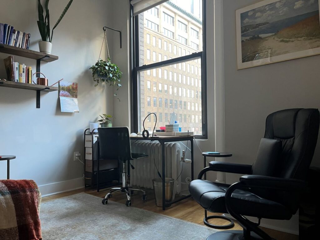 Josh Stieber PhD's NYC office, therapy chair view, at Winding Elm Psychotherapy